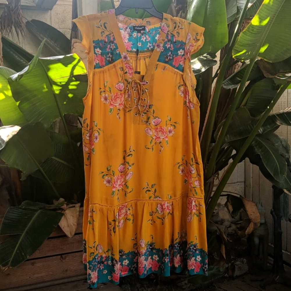 Tolani Lace Up Silk Tropical Dress